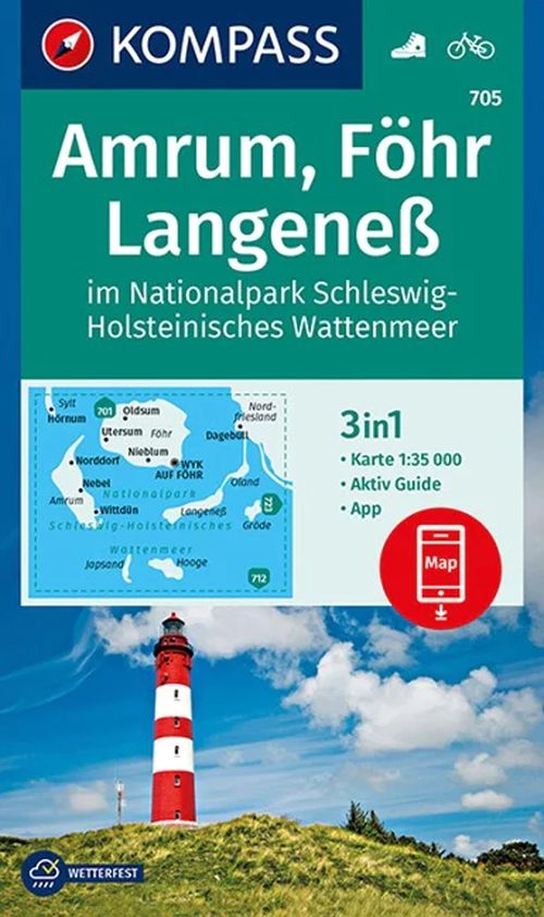 Amrum, Föhr, Langeneß im Nationalpark Schleswig-Holsteinisches Wattenmeer, Kompass Wanderkarte 705