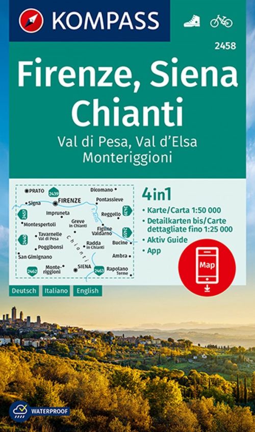 Firenze, Siena, Chianti: Val di Pesa, Val d'Elsa Monteriggioni, Kompass Wandern - Radkarte 2458