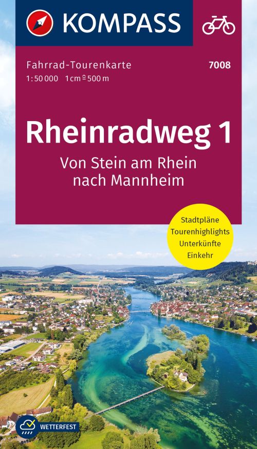 Rheinradweg 1: Vom Stein am Rhein (Bodensee) nach Mannheim, Kompass Fahrrad-Tourenkarte 7008