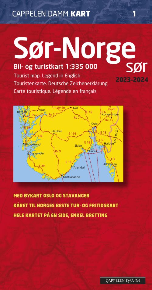 Sør-Norge sør  1:335.000  (2023-2024) : bil- og turistkart = tourist map = Touristenkarte = carte touristique