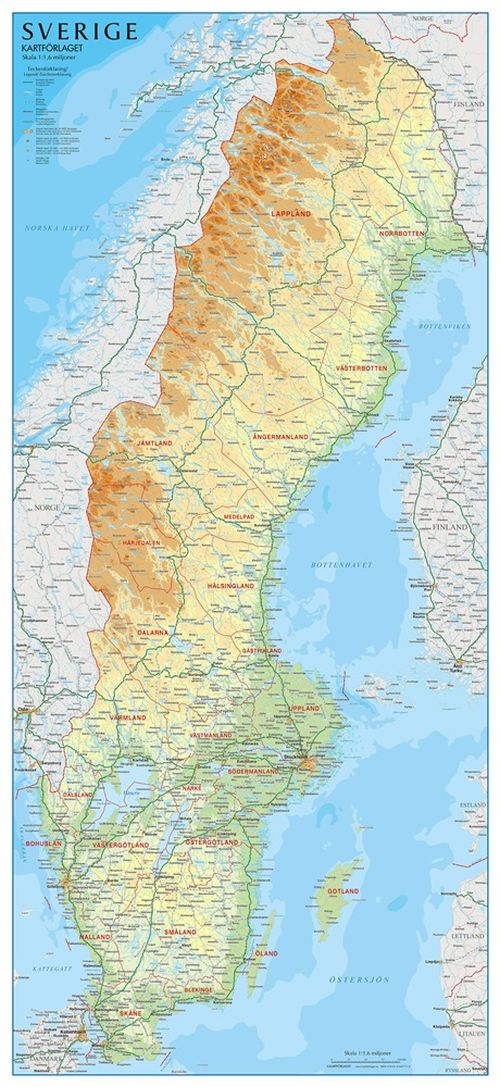 Sverige plano i paprør 1:1 600 000  (papir) 46 x 100 cm